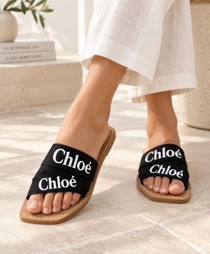 Chloé Woody Black Logo Ribbon Flat Slide Sandals Tan Leather EU - photo 2