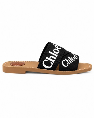 Chloé Woody Black Logo Ribbon Flat Slide Sandals Tan Leather EU - photo 4