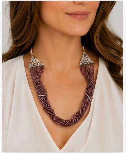 Purple Mauve Multi-Strand Beaded Necklace Rhinestone Bridal