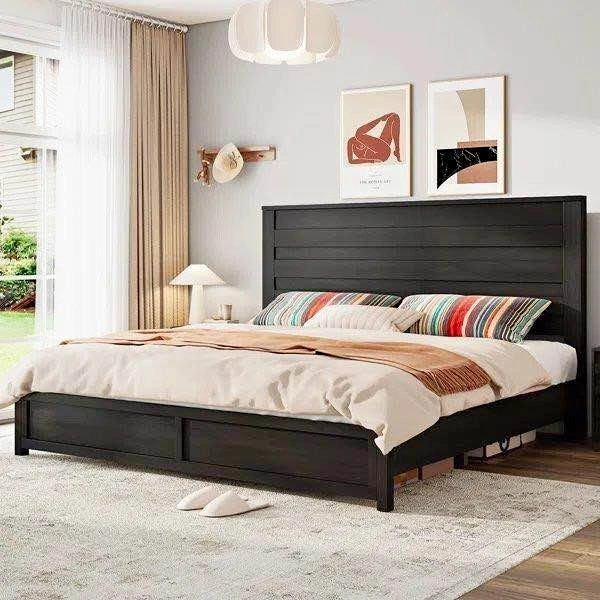 Farmhouse Style Dark Wood Bed Frame with 49" Headboard