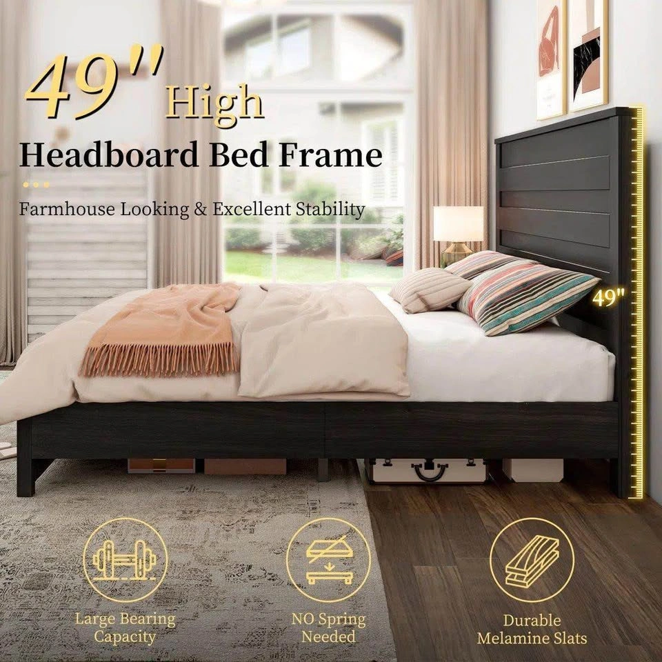 Farmhouse Style Dark Wood Bed Frame with 49" Headboard - photo 2
