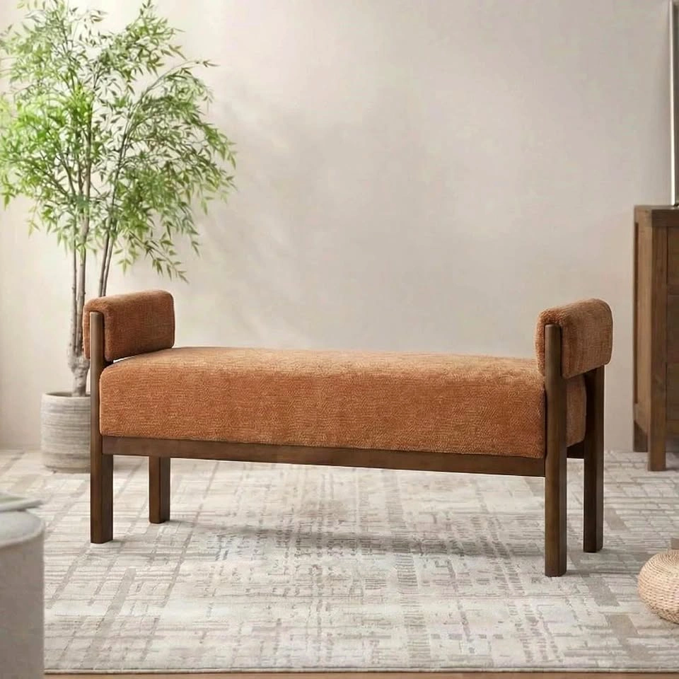 Modern Chenille Upholstered Bench with Solid Wood Frame