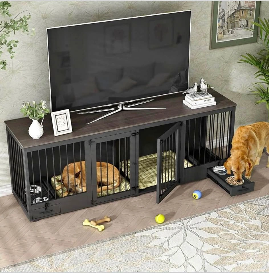 Large Double Dog Crate Furniture - TV Stand with Pull-out Bowls