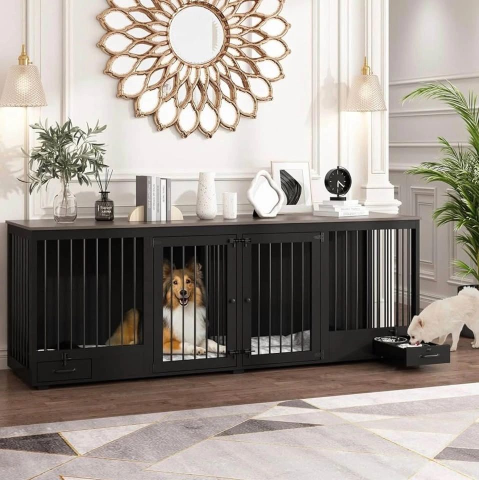 Large Double Dog Crate Furniture - TV Stand with Pull-out Bowls - photo 2