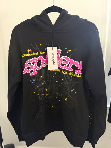 sp5der Black Pullover Hoodie Graphic Print Spider Web Stars M