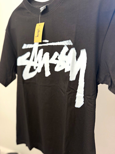 Stussy Men’s Logo Graphic Print Tee – Black, Cotton, Size S