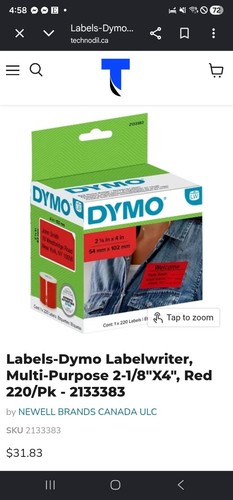 Dymo LabelWriter Multi-Purpose Labels, Red 2-1/8"x4" 220/Pk