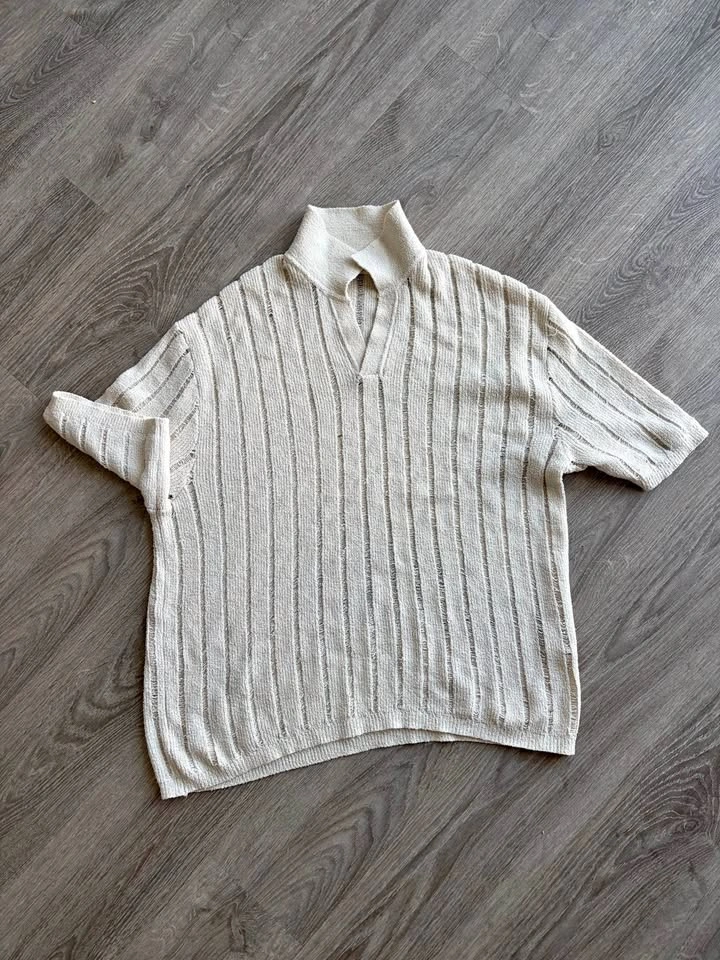Pull&Bear Cream Ribbed Knit Polo Shirt – Size XL