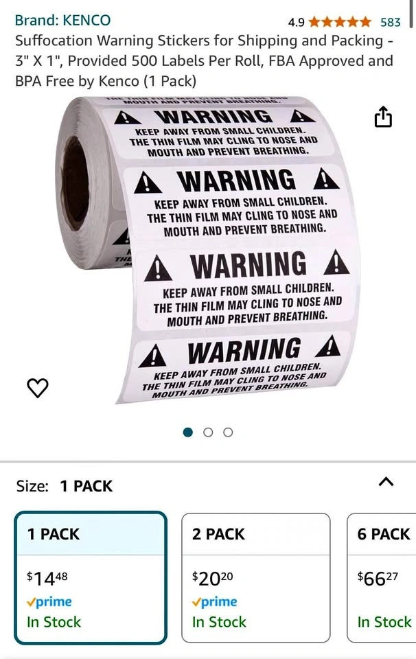 Suffocation Warning Stickers for Shipping - 500 Labels/Roll