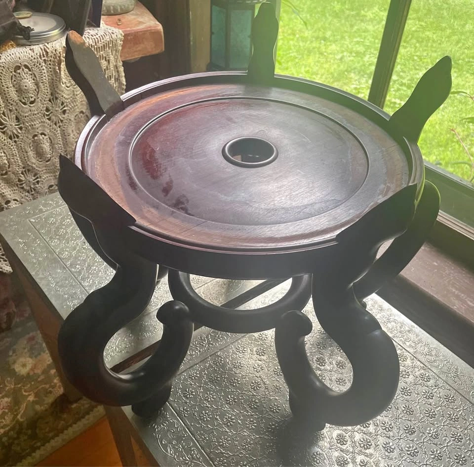 VINTAGE 14" REDWOOD CHINESE FISH BOWL/PLANT STAND W/ GLASS