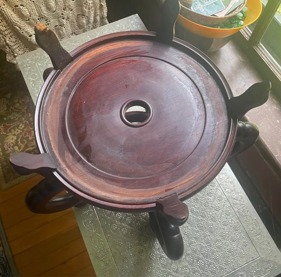 VINTAGE 14" REDWOOD CHINESE FISH BOWL/PLANT STAND W/ GLASS - photo 2