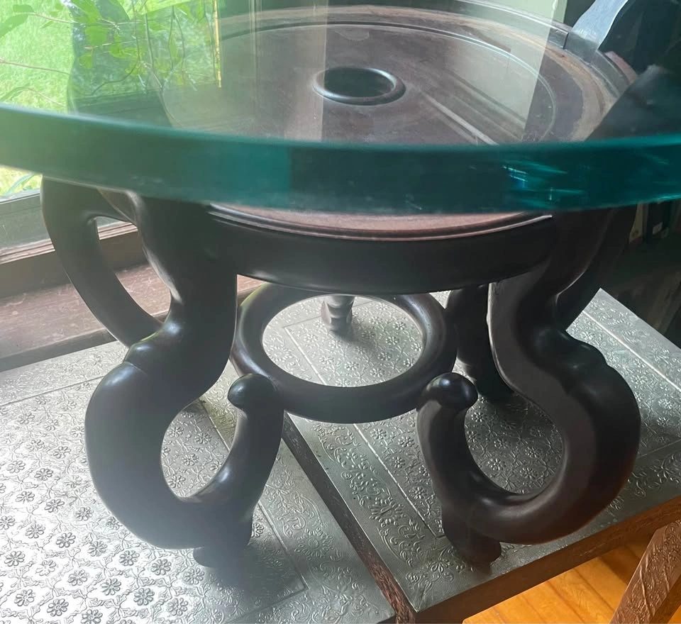 VINTAGE 14" REDWOOD CHINESE FISH BOWL/PLANT STAND W/ GLASS - photo 3
