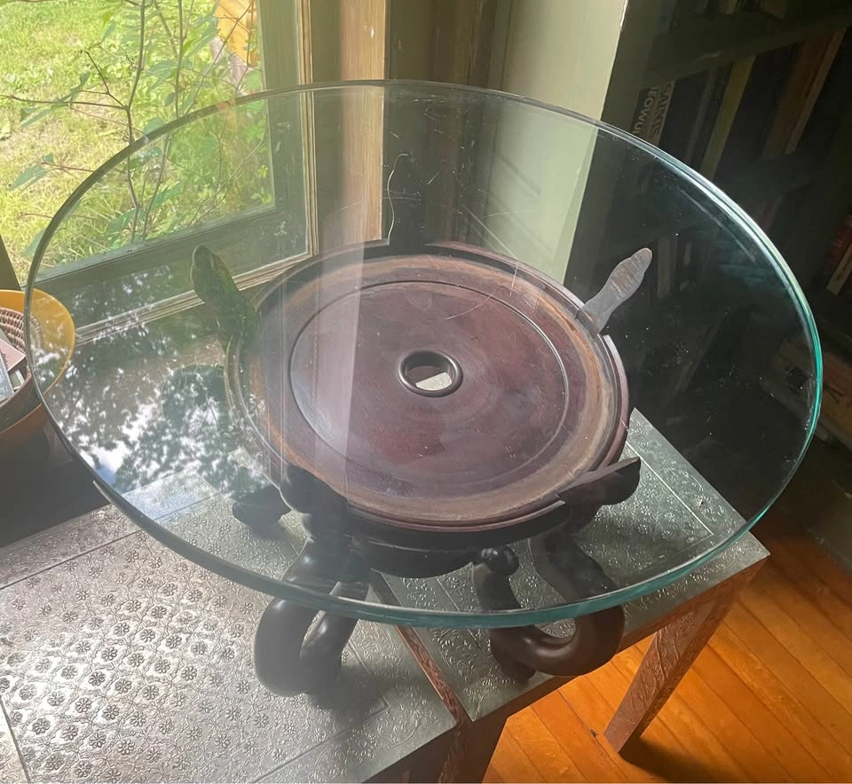 VINTAGE 14" REDWOOD CHINESE FISH BOWL/PLANT STAND W/ GLASS - photo 4