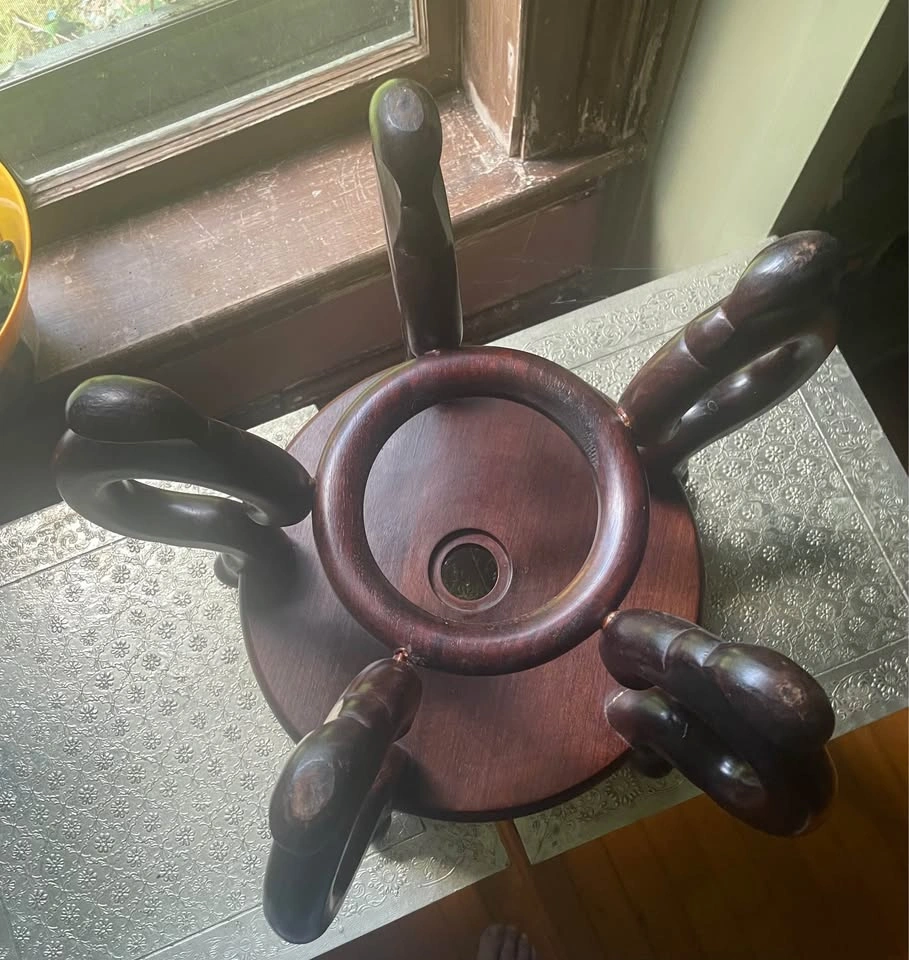 VINTAGE 14" REDWOOD CHINESE FISH BOWL/PLANT STAND W/ GLASS - photo 5