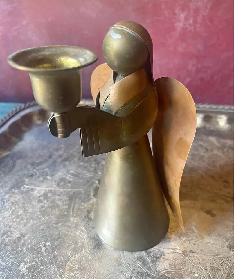 VINTAGE UNPOLISHED BRASS & COPPER 6" HIGH ANGEL CANDLEHOLDER