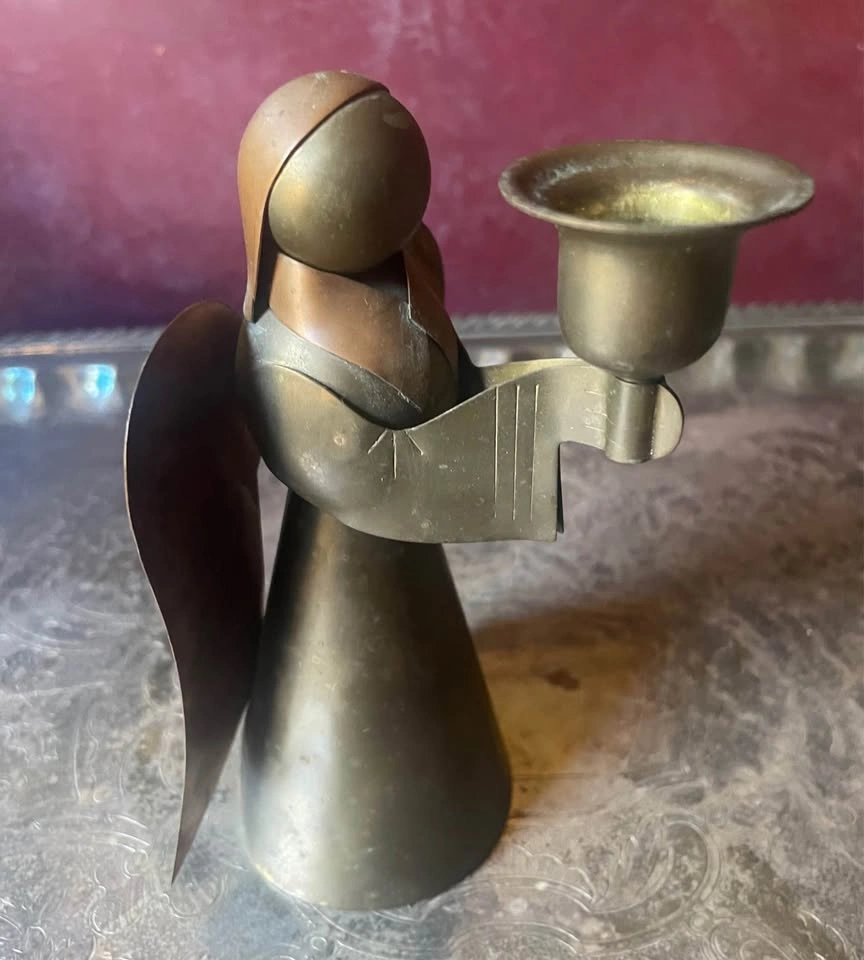 VINTAGE UNPOLISHED BRASS & COPPER 6" HIGH ANGEL CANDLEHOLDER - photo 4