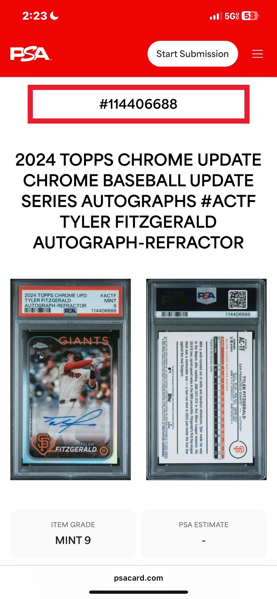 2024 Topps Chrome Update Tyler Fitzgerald Autograph Refractor