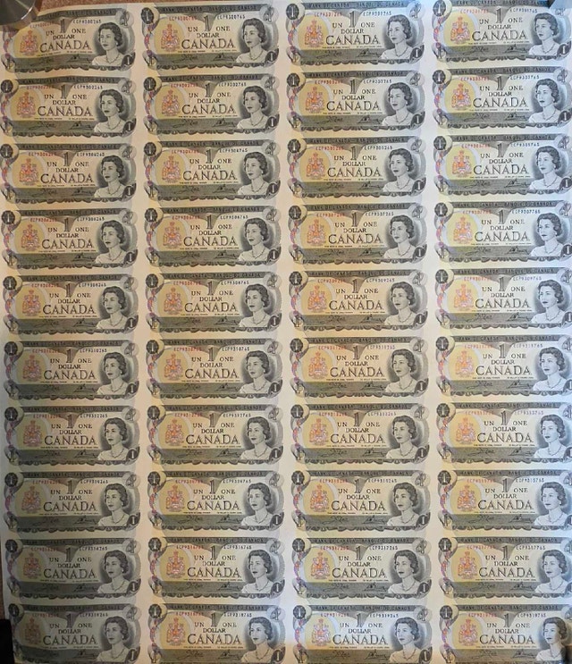 1973 Canadian 1 Dollar Bill - 40 Bill Uncut Sheet
