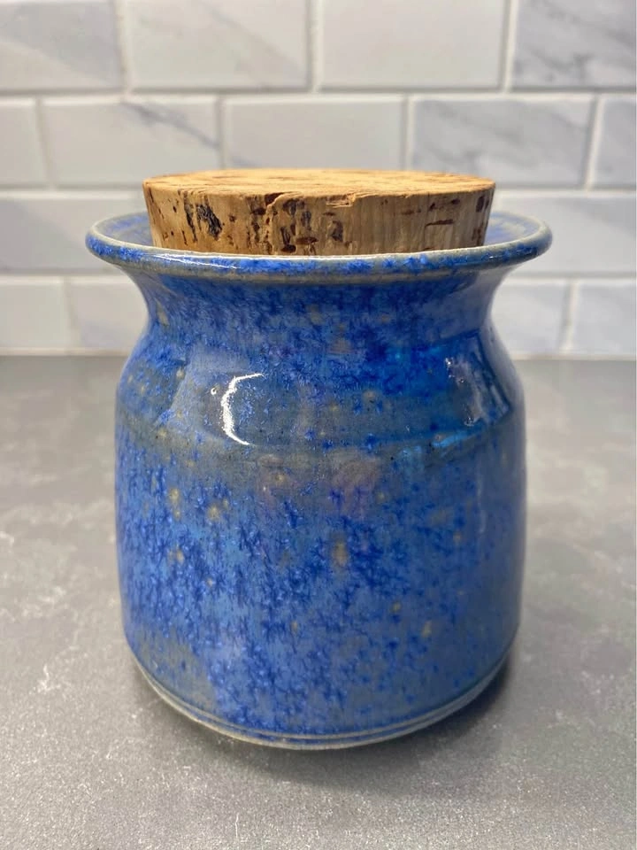 Blue Glazed Stoneware Pottery Jar with Cork Lid