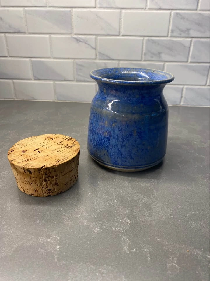 Blue Glazed Stoneware Pottery Jar with Cork Lid - photo 2