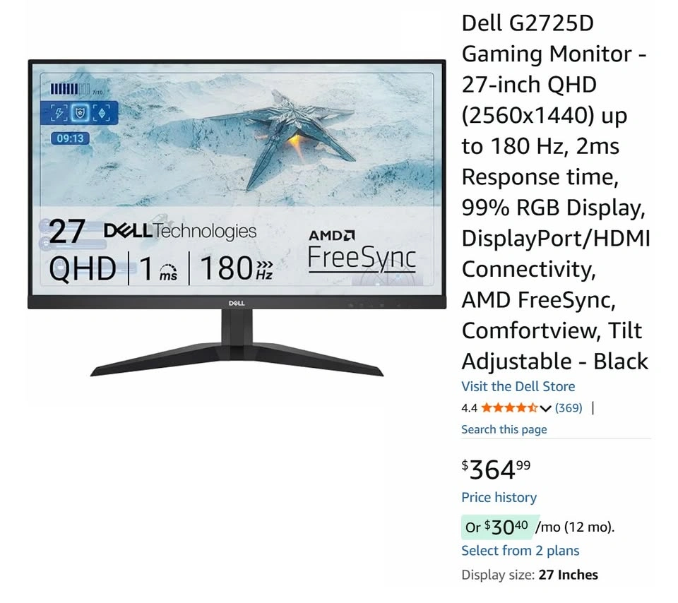 Dell G2725D 27-inch QHD Gaming Monitor 180Hz