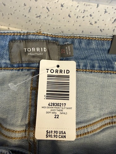 Torrid Midi Denim Front Slit Skirt Women's Size 22 Blue Raw Hem - photo 4