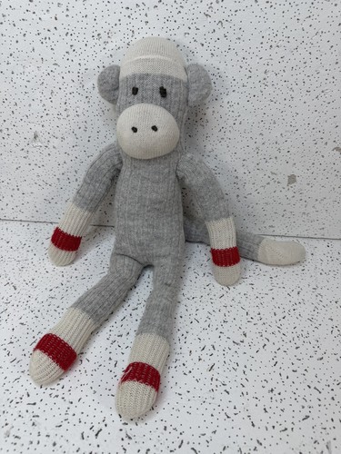 Handmade Sock Monkey Plush Grey Red White 18 in Knit Stuffed Ani