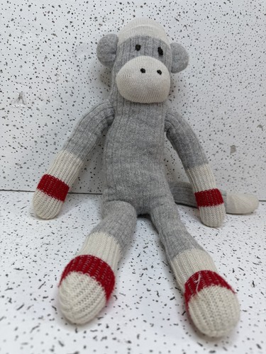 Handmade Sock Monkey Plush Grey Red White 18 in Knit Stuffed Ani - photo 3