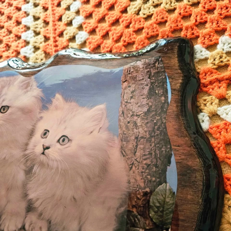 Vintage 70s/80s Kitten Roses Persian Cat Lacquered Wall Plaque - photo 3