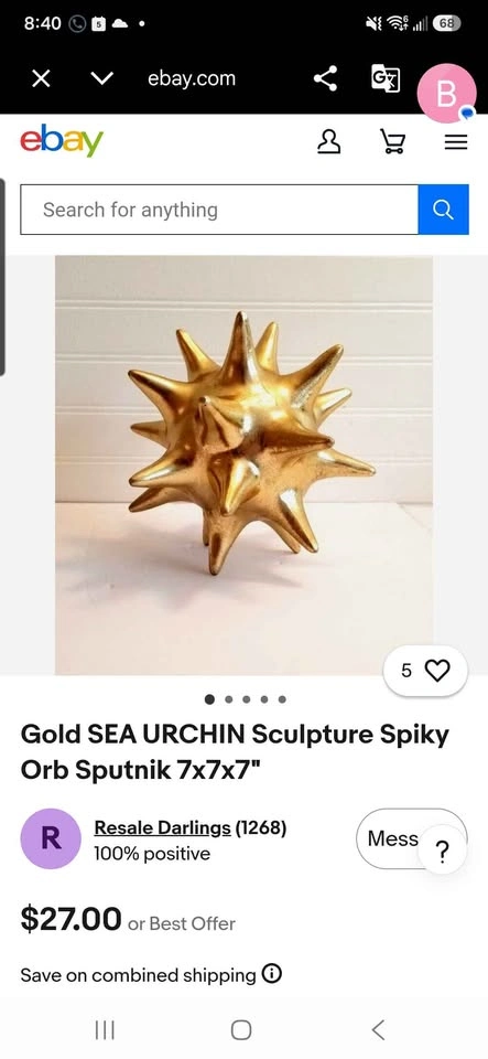NEW Gold SEA URCHIN Sculpture Spiky Orb Sputnik - photo 3
