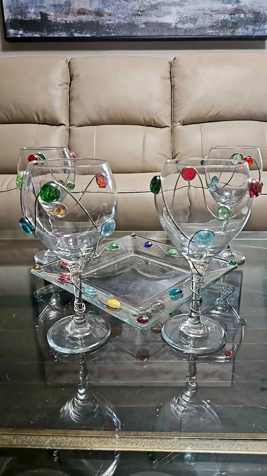 BEDAZZLED Wine Glass Set and Serving Plate with Gems
