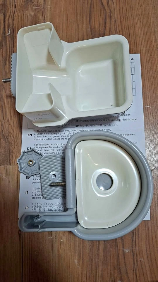 Disassembled cage-mounted automatic pet feeder/water dispenser