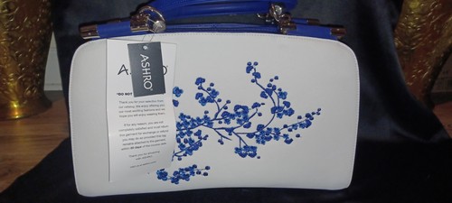 Ashro Elegant White & Cobalt Blue Embroidered Floral Satchel Bag