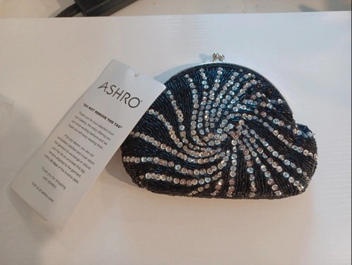 Ashro NWT Black Beaded Rhinestone Swirl Evening Clutch Bag