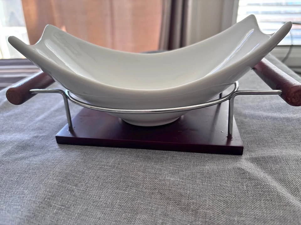 Modern White Ceramic Serving Bowl with Wood and Metal Stand