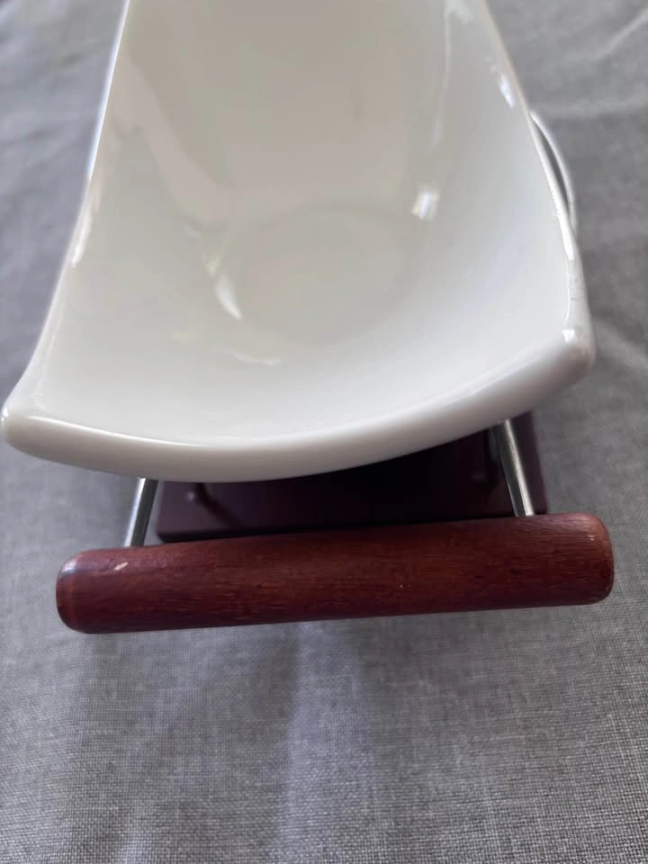 Modern White Ceramic Serving Bowl with Wood and Metal Stand - photo 2