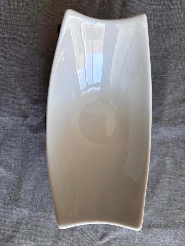 Modern White Ceramic Serving Bowl with Wood and Metal Stand - photo 3