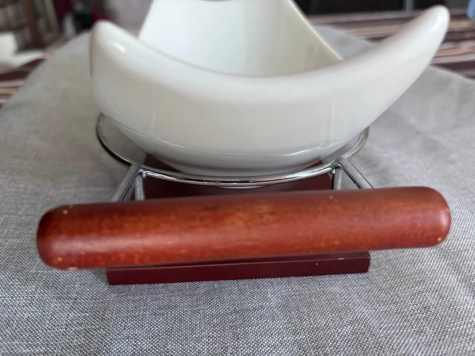 Modern White Ceramic Serving Bowl with Wood and Metal Stand - photo 4
