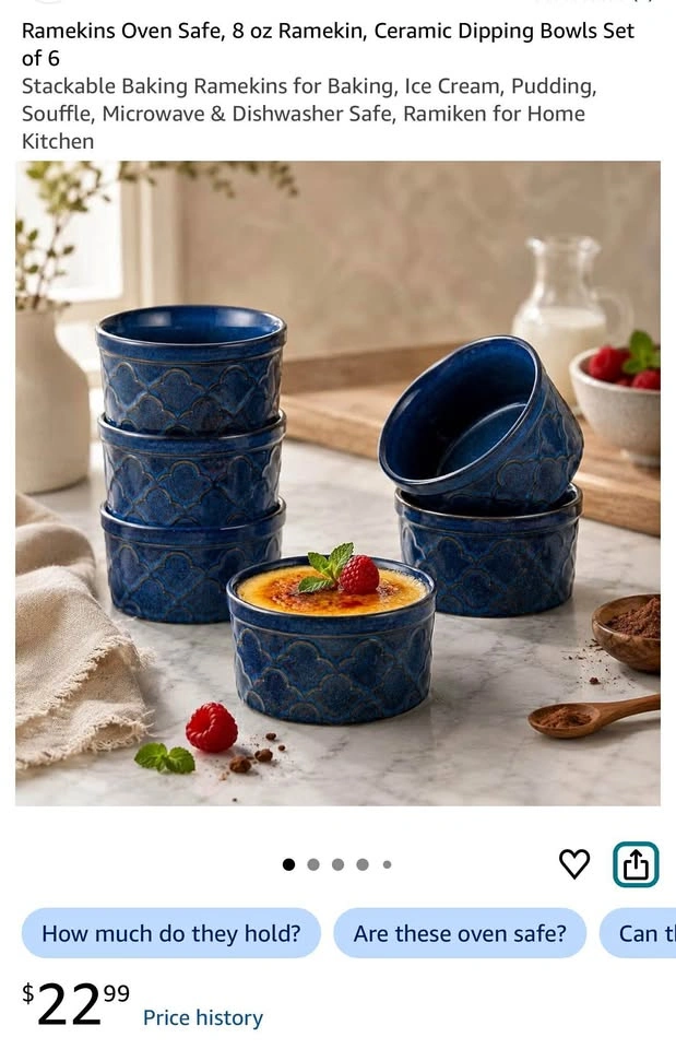 Ramekins Oven Safe, 8 oz Ramekin, Ceramic Dipping Bowls Set of 6