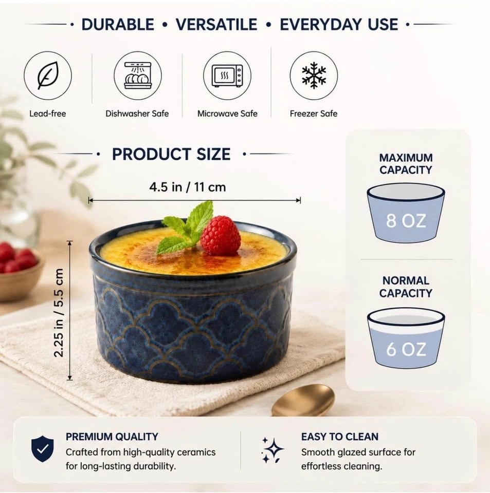 Ramekins Oven Safe, 8 oz Ramekin, Ceramic Dipping Bowls Set of 6 - photo 4