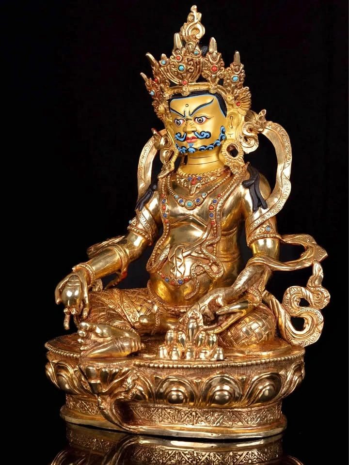 24K Gold Gilded Jambhala Statue: Tibetan Buddhist Wealth God