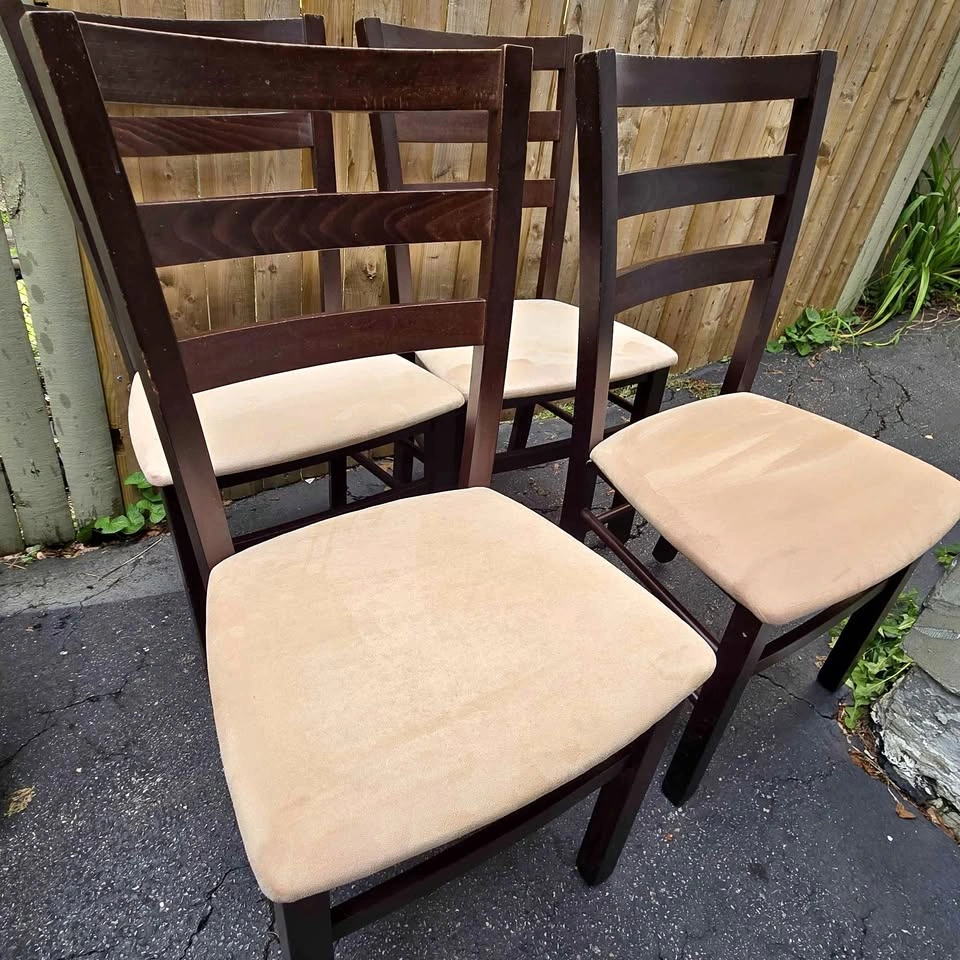 Set of 4 dark wood ladder-back dining chairs with light cream up