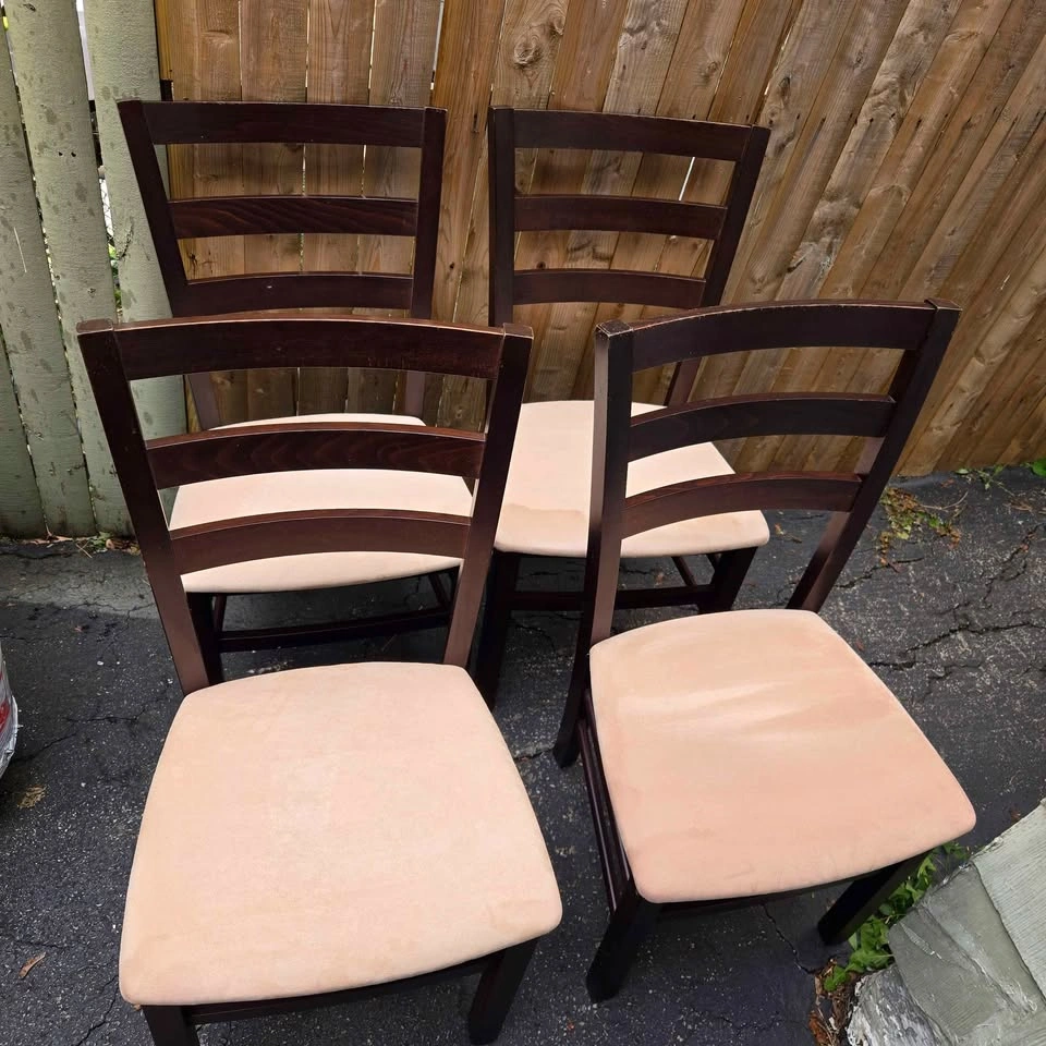 Set of 4 dark wood ladder-back dining chairs with light cream up - photo 2
