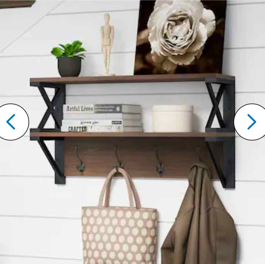 Brown Rectangular Floating Shelf with Hooks