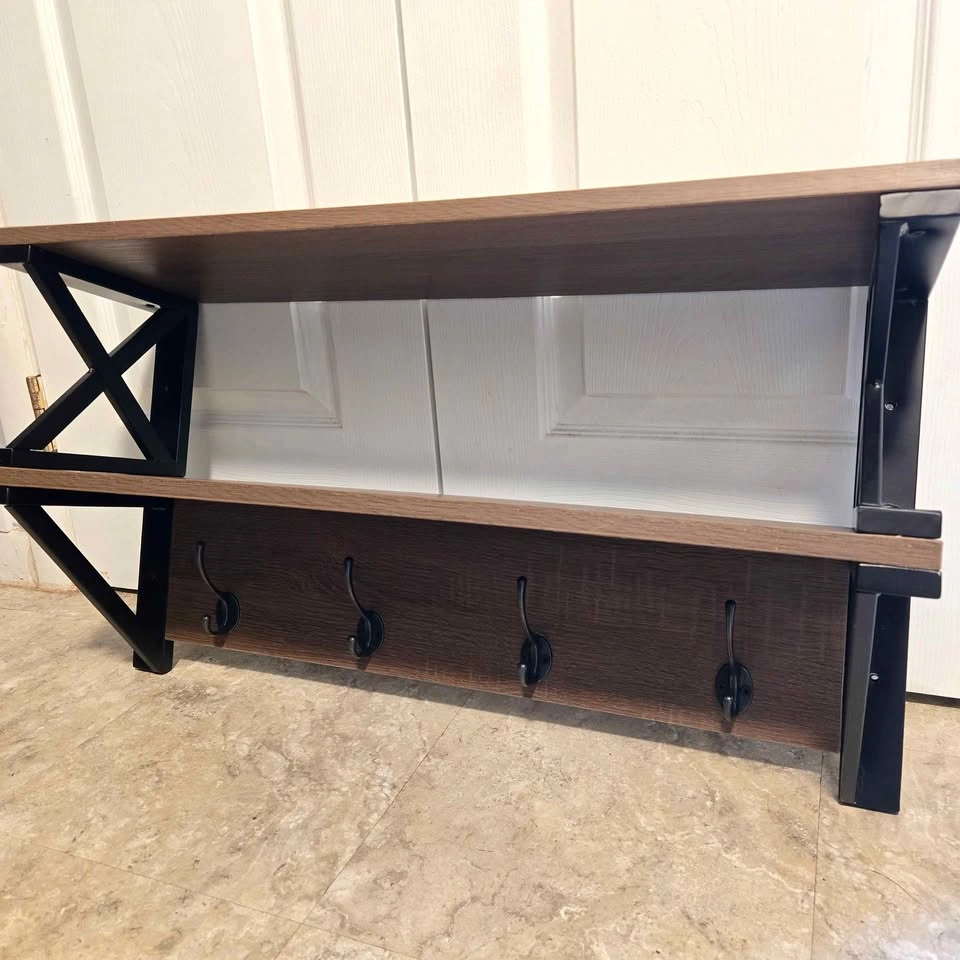 Brown Rectangular Floating Shelf with Hooks - photo 2