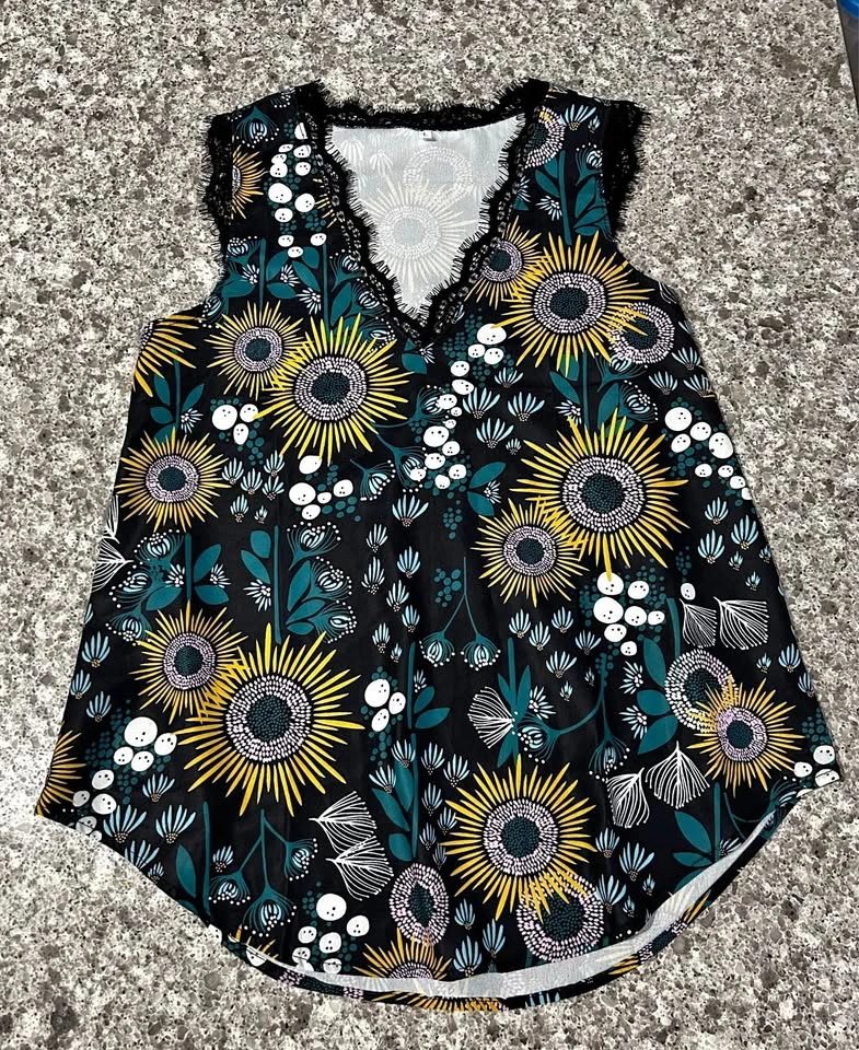 Boho Sunflower & Wildflower Lace-Trimmed Tank Top