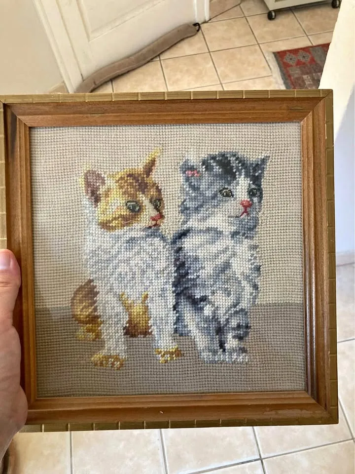 Vintage cute kitten cross stitch picture thumbnail