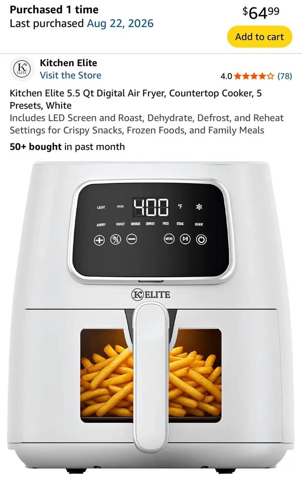 Kitchen Elite 5.5 Qt Digital Air Fryer, White