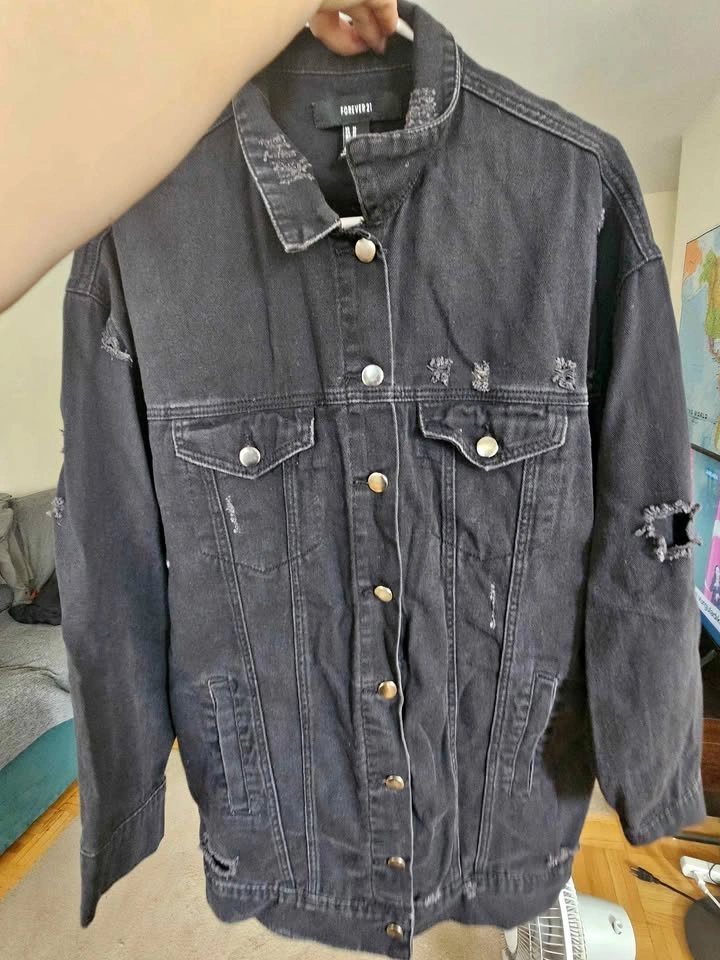 Forever 21 Distressed Black Denim Oversized Jacket - Size M