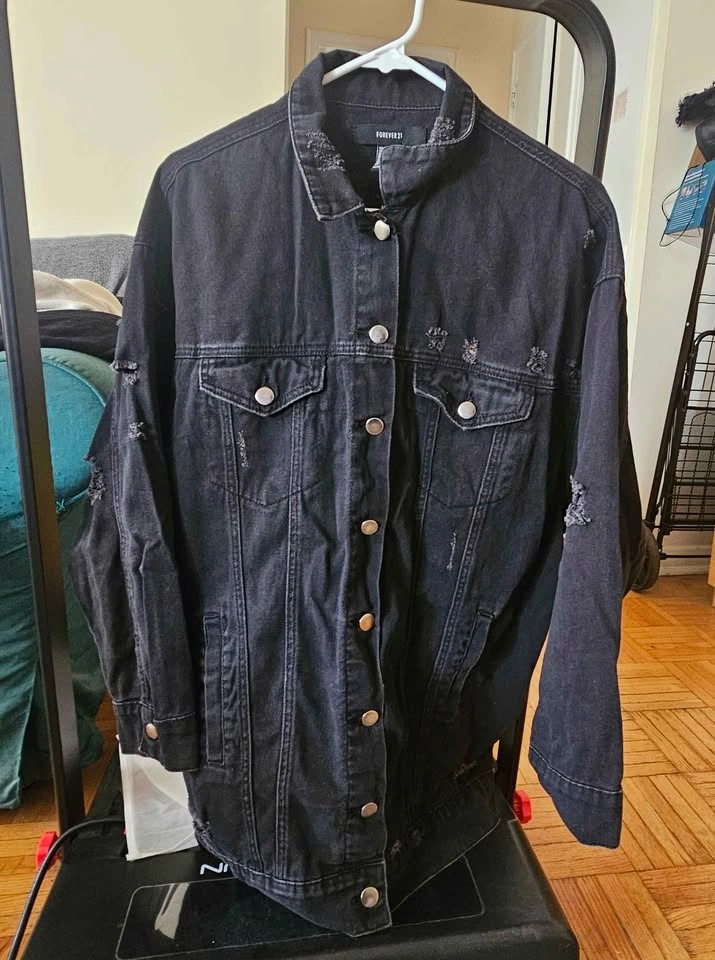 Forever 21 Distressed Black Denim Oversized Jacket - Size M - photo 3